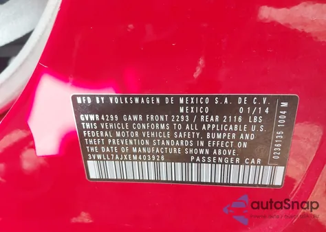 2014 Volkswagen Jetta 2.0L Tdi из США, поврежденный, VIN 3VWLL7AJXEM403926